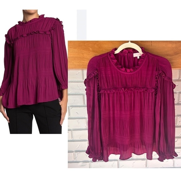 Ted Baker Airlie Pleated Smocking High Neck with Ruffle Top Blouse, Deep Pink, 4 - Picture 4 of 13
